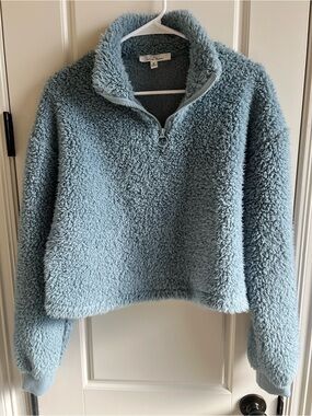 Love Tree Plush Light Blue Quarter-Zip Crop Top Sherpa Jacket